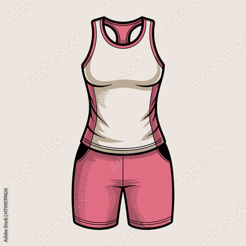 An attractive illustration of a women’s sports outfit featuring a tank top and shorts, primarily in pink and cream for fashionable fitness enthusiasts.