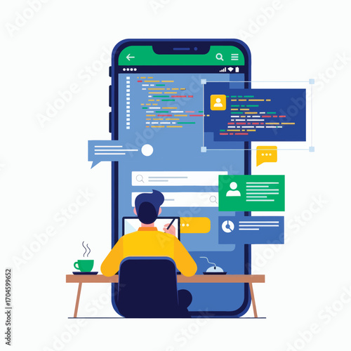 Vector illustration showcasing the intricate process of a software developer coding and designing a mobile application's user interface