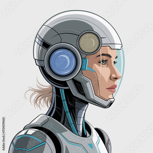 This artwork showcases a sleek-faced futuristic female cyborg, emphasizing a sophisticated helmet and high-tech elements that define modern robotics and artificial intelligence.