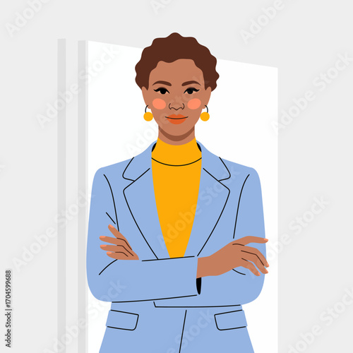 A stylish businesswoman stands confidently, with her arms crossed, dressed in a modern outfit that symbolizes empowerment, success, and professionalism in the business world.