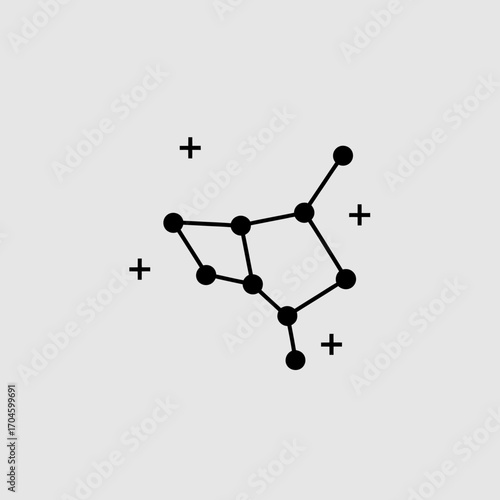 This abstract design showcases a molecular structure adorned with orbs representing different concepts of connection and interaction within a scientific and artistic framework.