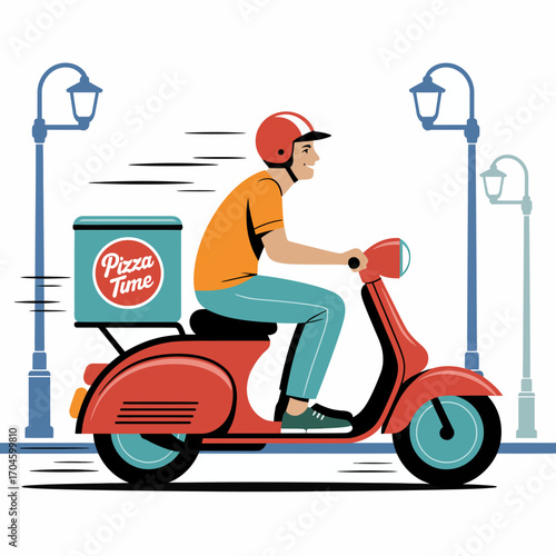 This illustration captures the essence of pizza delivery in motion, showcasing a rider actively delivering food, symbolizing speed and efficiency in food service.