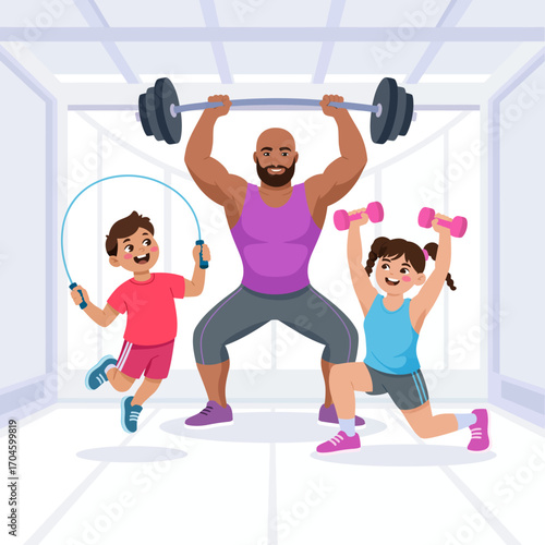 In this lively image, two children and an adult participate in a workout session with weights and ropes, emphasizing the connection fitness creates within a family unit.