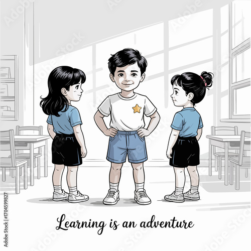 An inspiring classroom scene showcasing three children, emphasizing the concept of learning as an adventure, promoting curiosity, exploration, and classroom camaraderie.