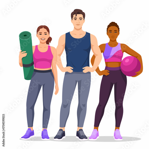 An inspiring trio stands confidently with their fitness gear, showcasing strength and determination, set against a bright backdrop emphasizing a healthy lifestyle and motivation.
