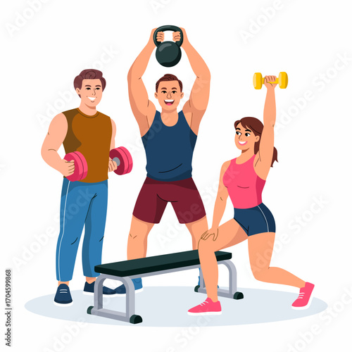 This dynamic image illustrates a group of enthusiastic individuals lifting weights together at the gym, highlighting strength training and the support of fitness community.