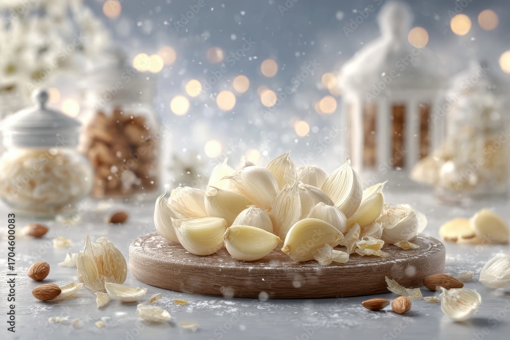 Obraz premium A beautiful display of fresh garlic cloves arranged on a rustic wooden board, showcasing their pristine white color against a softly blurred background, culinary delight.