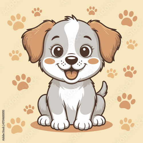 This charming image features a happy puppy sitting amidst paw prints, symbolizing loyalty and companionship, a perfect representation of the bond between pets and humans.