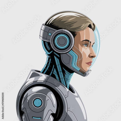 This image features a futuristic female android highlighted in a unique profile view, capturing advanced technology designed to resonate with elegance and innovation.