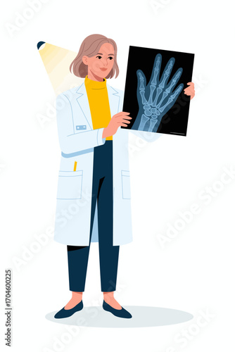 A confident woman in a lab coat holds a detailed hand X-ray, symbolizing professionalism and expertise in medical imaging and patient engagement for understanding health.