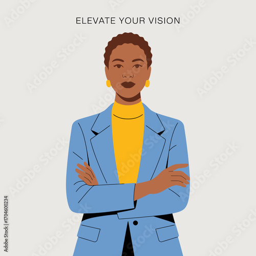 An inspiring image of a confident woman standing with arms crossed, accompanied by an uplifting message, symbolizing empowerment, success, and modern professionalism.