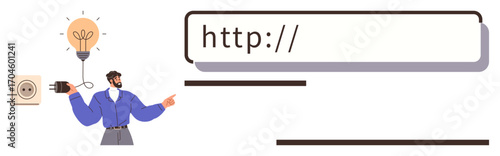 Person connects plug near glowing bulb to energize browser search bar. Ideal for innovation, creativity, idea generation, online projects, web development, digital marketing, problem solving. A
