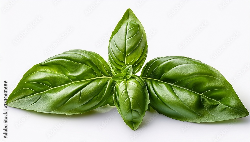 Fototapeta premium Fresh Sweet Basil Leaves Shown Close Up With A White Background