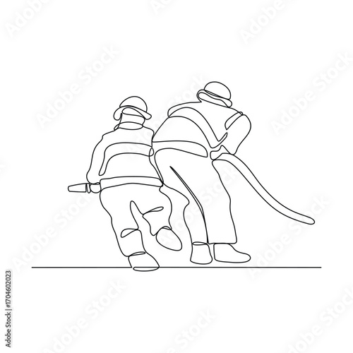 One continuous line drawing of The fire fighter brigade is on duty to put out the blazing fire vector illustration. Fire Fighting design illustration simple linear style vector illustration concept.