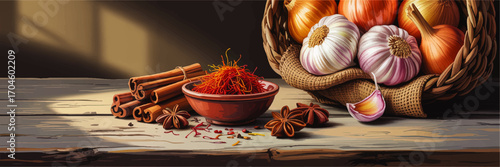 Rustic Still Life of Garlic, Onions, Cinnamon, Saffron, and Star Anise on Wooden Table in Warm Sunlight – Vintage Kitchen Illustration