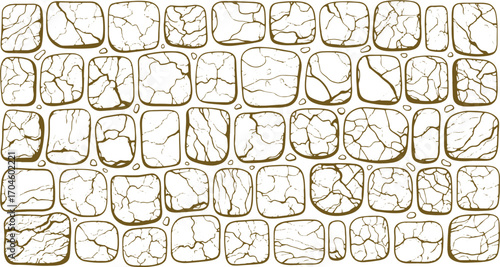 Rustic stone wall texture, natural cracked pavement pattern, vintage building facade detail