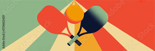 Retro Abstract Ping Pong Illustration with Colorful Table Tennis Paddles and Ball on Vibrant Geometric Background