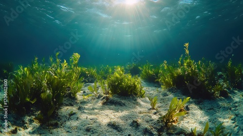 Sunlight beams through the turquoise water, illuminating a bed of vibrant green seaweed on a sandy ocean floor