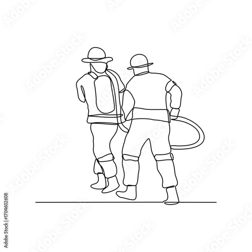 One continuous line drawing of The fire fighter brigade is on duty to put out the blazing fire vector illustration. Fire Fighting design illustration simple linear style vector illustration concept.