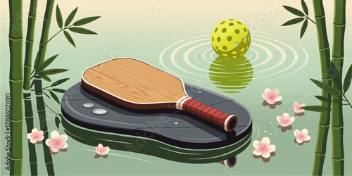 Tranquil Zen Pickleball Scene with Paddle and Ball Floating Amid Bamboo, Water Ripples, and Cherry Blossoms Illustration