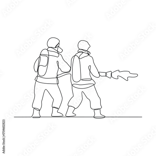 One continuous line drawing of The fire fighter brigade is on duty to put out the blazing fire vector illustration. Fire Fighting design illustration simple linear style vector illustration concept.