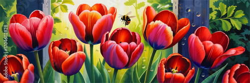 Vibrant Red and Pink Tulips with Bee in Sunlit Garden – Colorful Spring Flowers, Fresh Morning Dew, Nature Illustration
