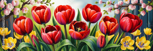 Vibrant Red Tulips and Yellow Crocuses in Spring Garden with Blossoming Tree Branches - Colorful Floral Nature Illustration