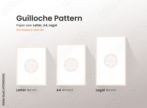 Guilloche pattern in different paper sizes A4, letter, legal, guilloche for passport or cheque, Spirograph patterns and borders vector set, Illustration certificate pattern watermark