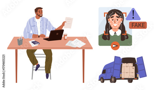 Worker analyzing paperwork at desk with laptop, face recognition screen warning of fraud, and a delivery truck. Ideal for business security, fraud prevention, logistics, AI concepts, identity