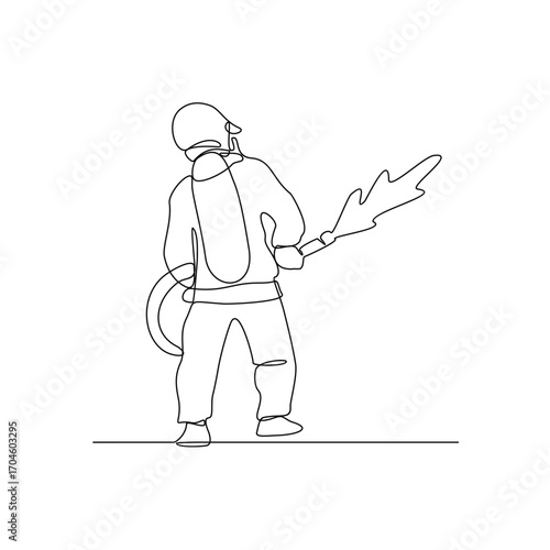 One continuous line drawing of The fire fighter brigade is on duty to put out the blazing fire vector illustration. Fire Fighting design illustration simple linear style vector illustration concept.