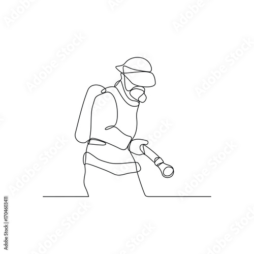 One continuous line drawing of The fire fighter brigade is on duty to put out the blazing fire vector illustration. Fire Fighting design illustration simple linear style vector illustration concept.