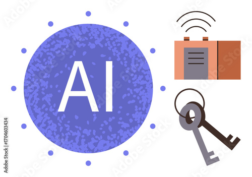 AI label in purple circle, paired keys and wireless device represent technological innovation, security, automation. Ideal for technology, AI, innovation, security, access digitalization