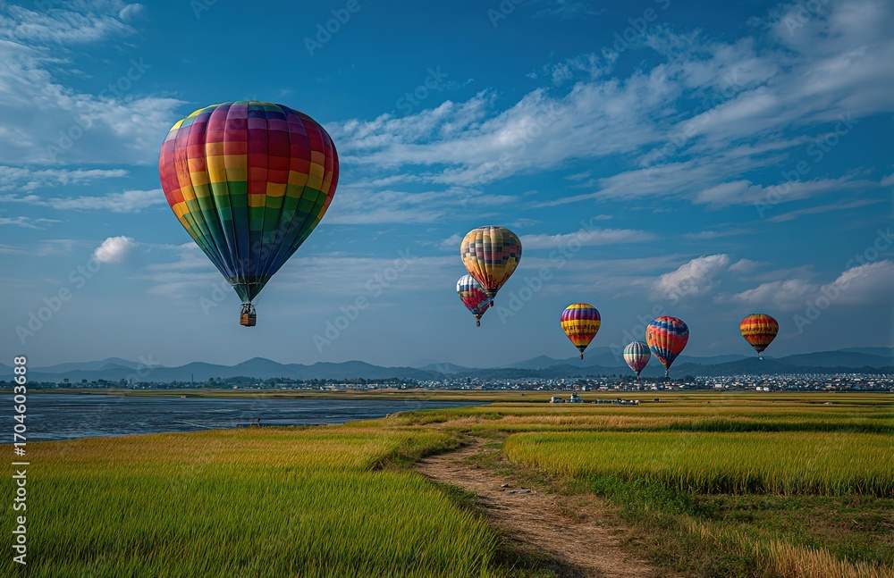 Obraz premium Colorful hot air balloons floating above a river and golden fields. Great for travel, adventure, or scenic themes, fitting for tourism promotions, landscape art, and vacation - related content.