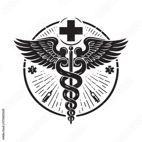Black Caduceus Medical Symbol with Cross, Rays, and Syringes within a Circular Border on White Background