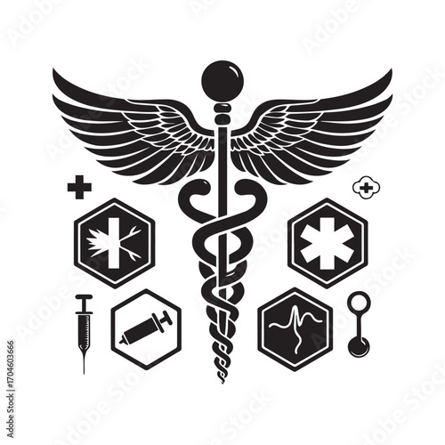 Black Caduceus Medical Symbol with Hexagonal Healthcare Icons and Syringes on White Background