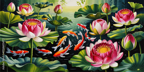 Vibrant Koi Fish Swimming in Tranquil Pond with Blooming Pink Lotus Flowers and Lush Green Leaves at Sunrise – Digital Art Illustration