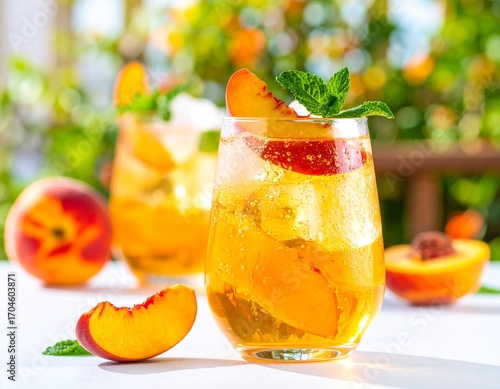 Refreshing Peach Cocktail With Mint and Ice