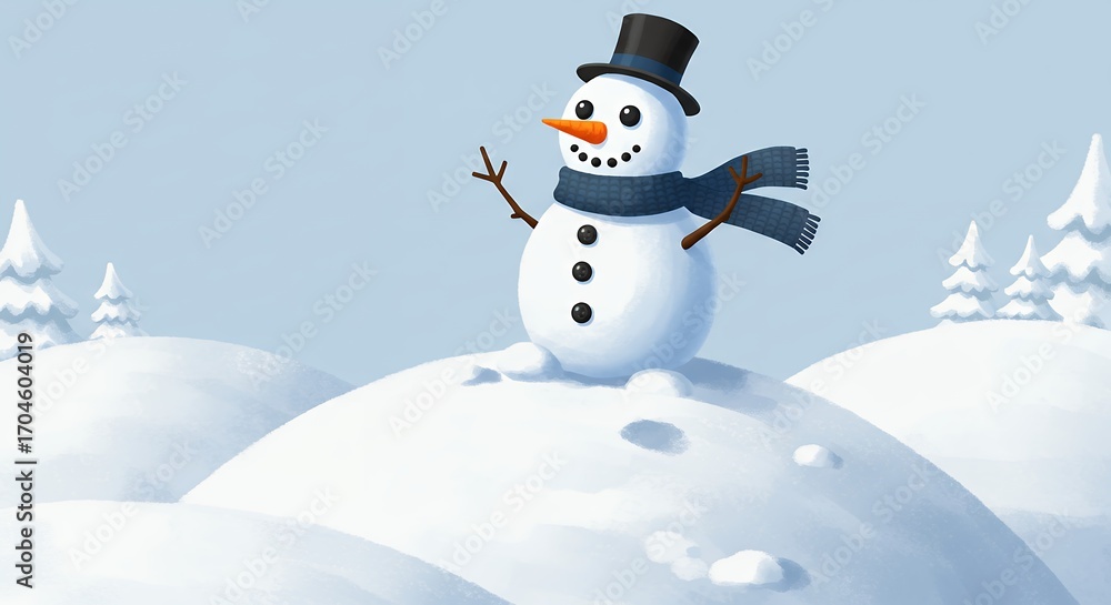 Obraz premium Smiling snowman on snowy hill