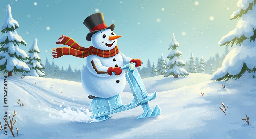 Fototapeta premium Smiling snowman on a sled