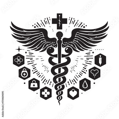 Black Caduceus medical symbol with wings and surrounding health icons on white background healthcare