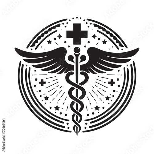 Black Caduceus medical symbol with wings cross and stars on white background healthcare medicine