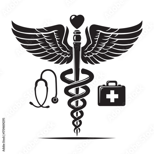 Black Caduceus Medical Symbol with Wings Heart Stethoscope and First Aid Kit on White Background