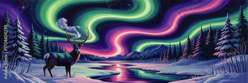 Majestic Deer in Snowy Winter Forest Under Vibrant Northern Lights Aurora Borealis, Colorful Night Sky Landscape Digital Art