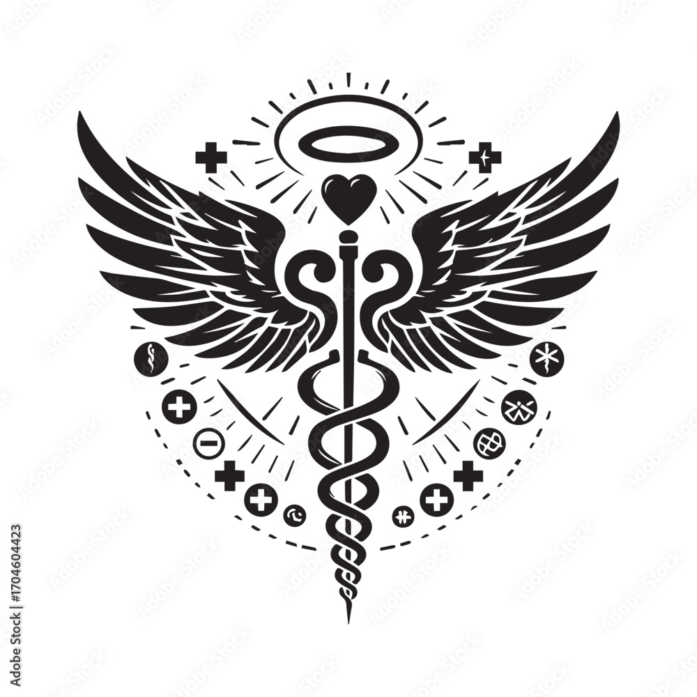 Obraz premium Black Caduceus Symbol with Halo, Heart, and Diverse Medical Icons on White Background medical symbol