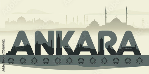 Ankara Skyline Silhouette Vector with Landmarks, Mosques, and Ottoman Motifs in Modern Minimalist Style for Travel and Tourism Design