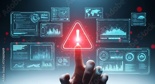 Finger Interacting With Futuristic Digital Warning Interface