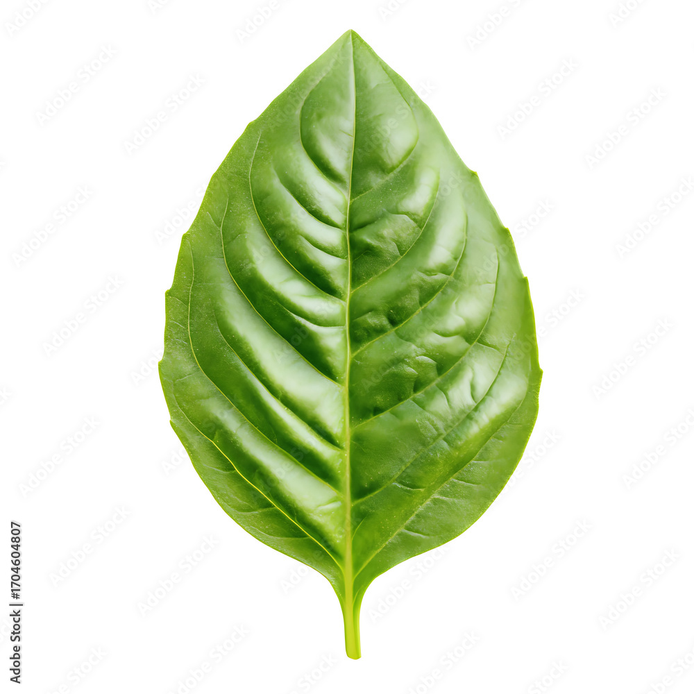 Obraz premium A single fresh green basil leaf isolated on white background