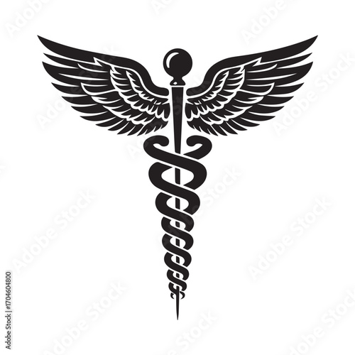 Black Silhouette of Caduceus Medical Symbol with Wings on White Background healthcare medicine