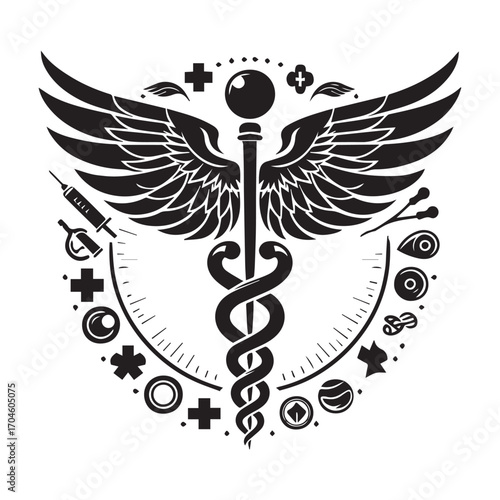 Caduceus Medical Symbol with Circular Array of Healthcare Icons and Radial Lines on White Background