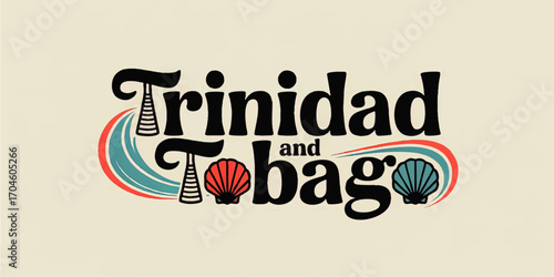 Retro Trinidad and Tobago Typography Design with Seashells, Waves, and Palm Tree Elements on Vintage Background